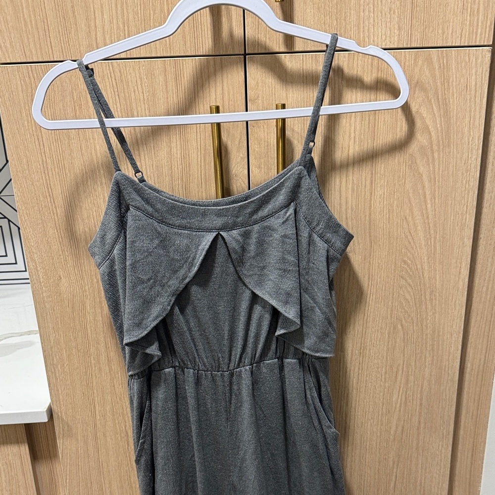 Gray Ruffle-Neck Spaghetti Strap Dress